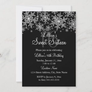Silver & Black Sparkle Snowflake Sweet 16 Einladun Einladung