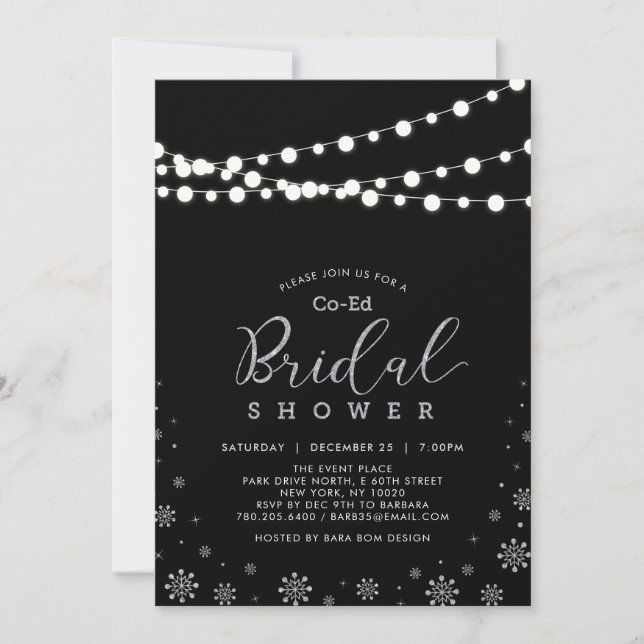 Silver & Black | String Lights Co-ed-Brautparty Einladung (Vorderseite)