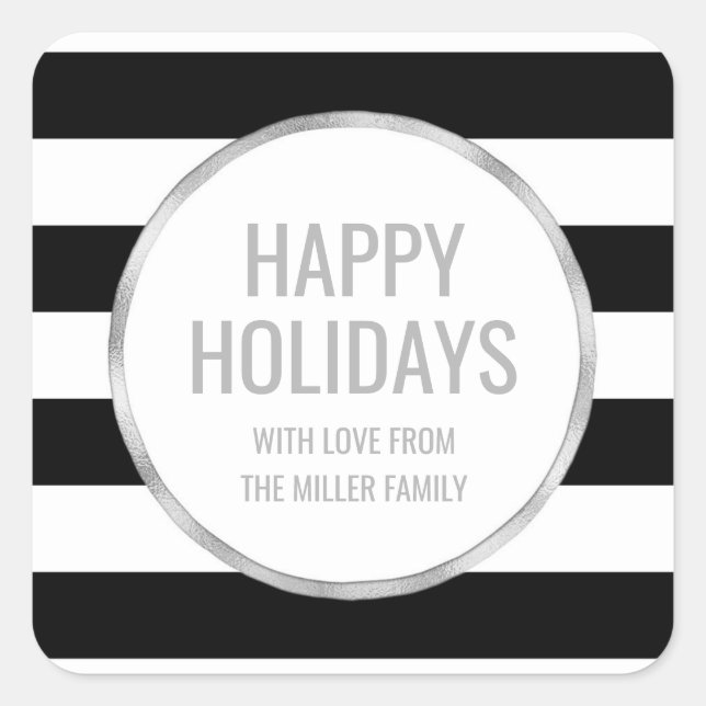 Silver Black Stripes Happy Holidays Custom Quadratischer Aufkleber (Vorderseite)