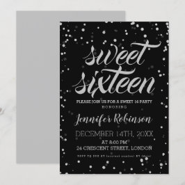 Silver Black Sweet 16 Glitzer Sparkle Confetti Einladung