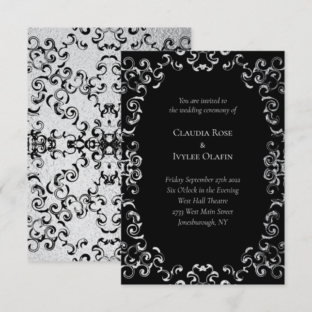 Silver & Black Swirl Gothic Wedding Einladung (Vorne/Hinten)