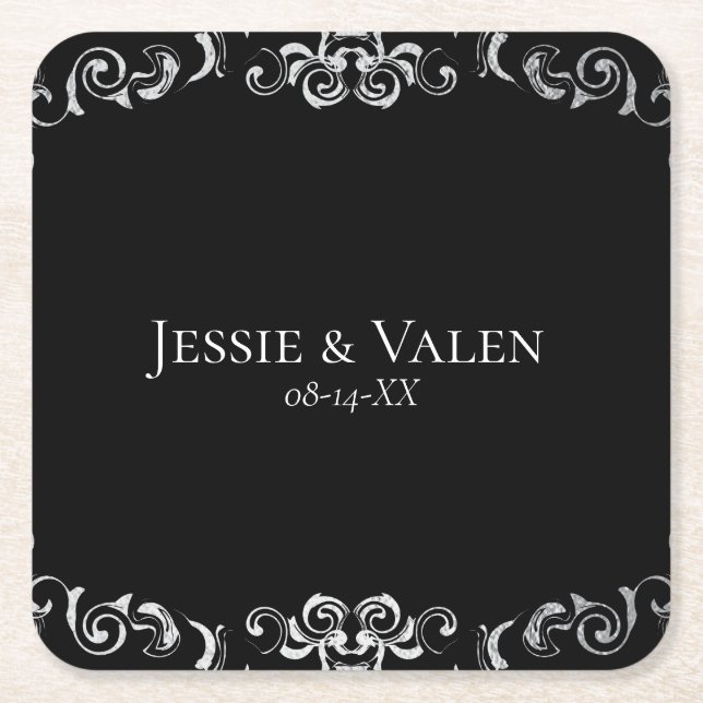 Silver & Black Swirl Gothic Wedding Rechteckiger Pappuntersetzer (Vorderseite)