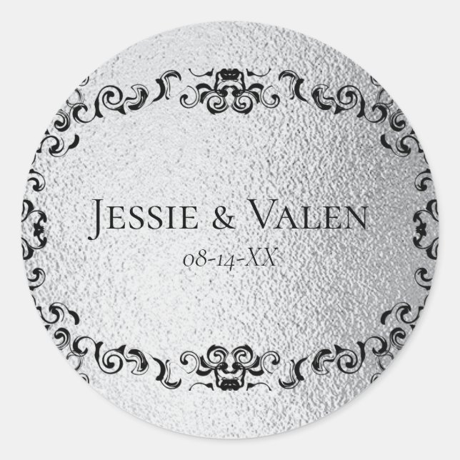 Silver & Black Swirl Gothic Wedding Runder Aufkleber (Vorderseite)