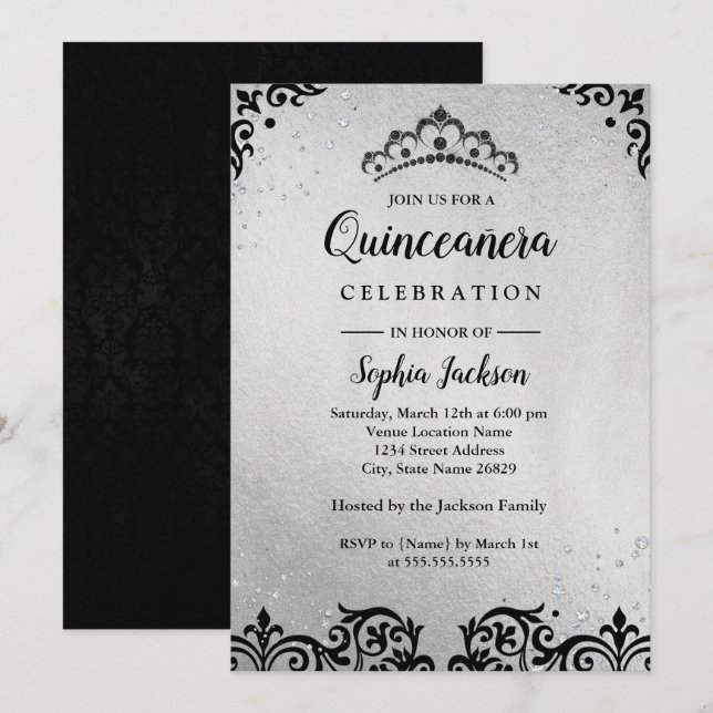 Silver Black Tiara Damask Quinceanera Einladung (Vorne/Hinten)
