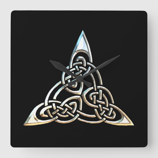 Silver Black Triangle Spirals Celtic Knot Design Quadratische Wanduhr (Vorderseite)