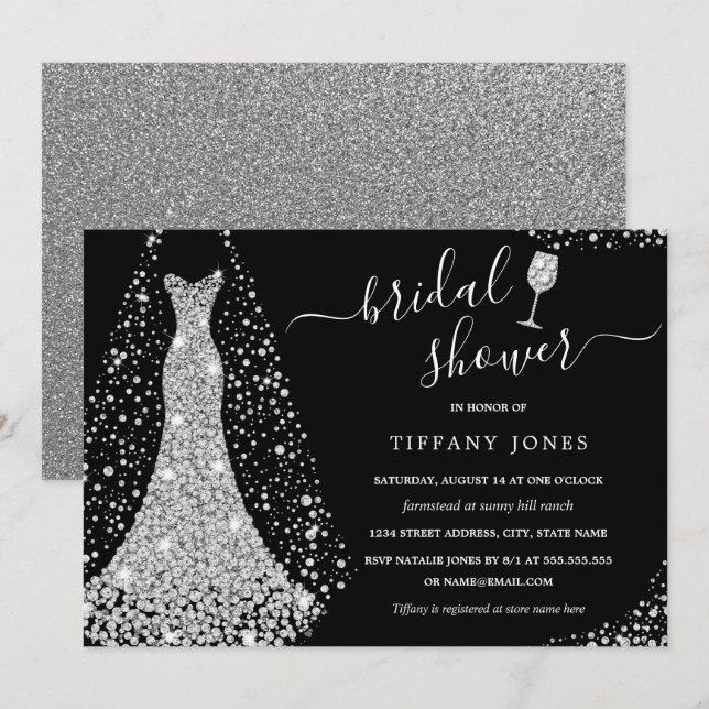 Silver Black Wedding Dress Sparkle Brautparty Einladung (Vorne/Hinten)