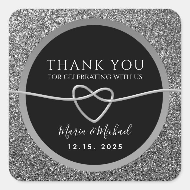 Silver Black Wedding Vielen Dank Quadratischer Aufkleber (Vorderseite)