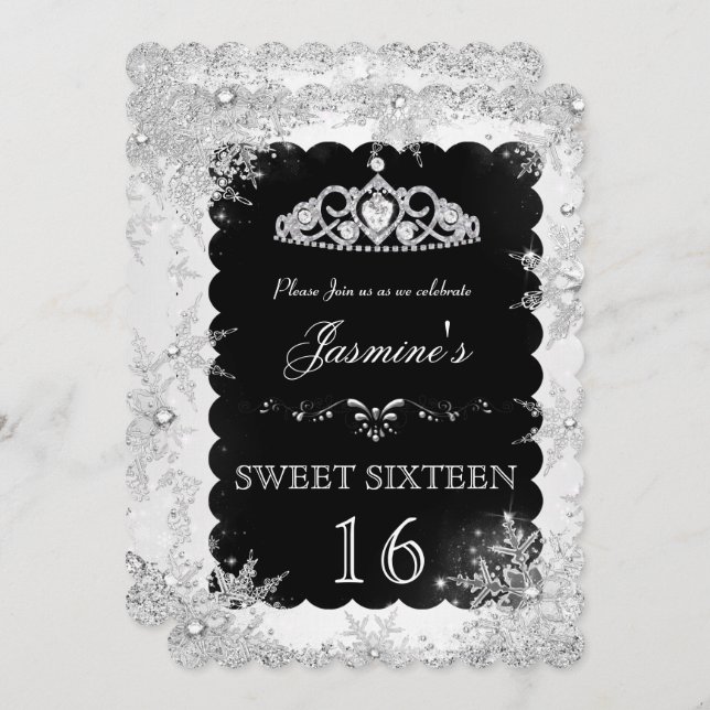 Silver Black Winter Wonderland doux 16 Invitation (Devant / Derrière)
