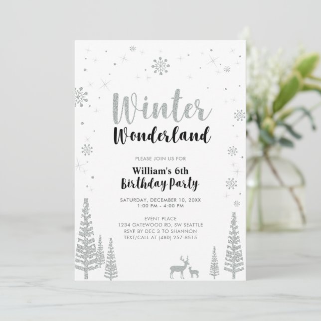 Silver & Black Winter Wonderland Junge Geburtstag Einladung (Stehend Vorderseite)
