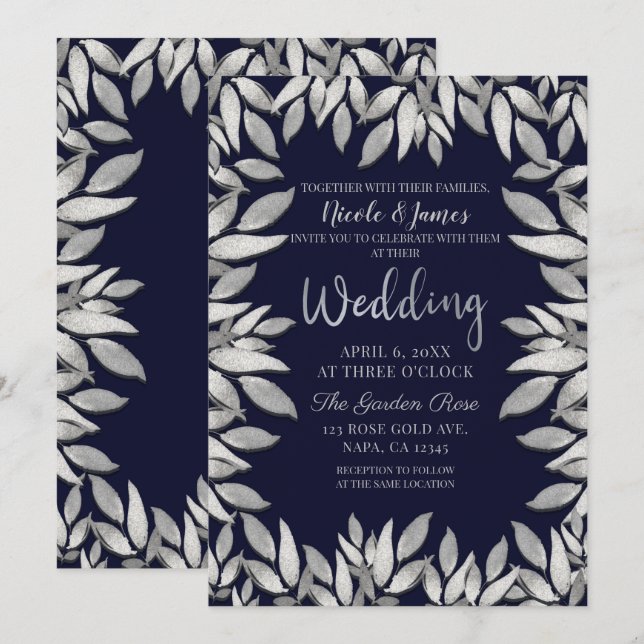 Silver Blätter Botanical Glam Blue Wedding Einladung (Vorne/Hinten)