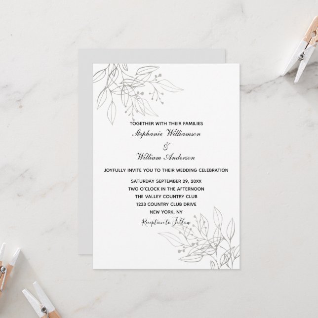 Silver Blätter Elegante formale Hochzeit Einladung (Vorderseite/Rückseite Beispiel)