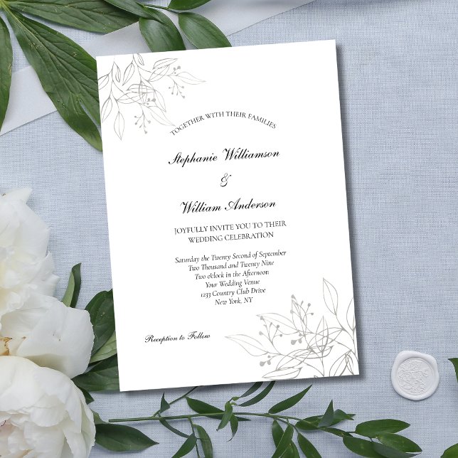 Silver Blätter Elegante formale Hochzeit Einladung (Silver Leaves Floral Botanical Wedding Invitation, Modern Minimalist Printed or Digital Download)