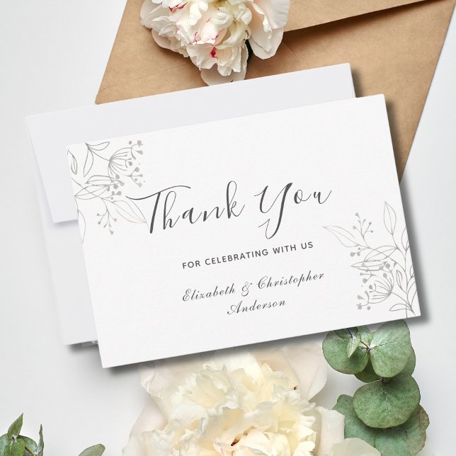 Silver Blätter Floral Botanical Minimalistisch Wed Dankeskarte (Silver Gray Botanical Floral Elegant Wedding Thank you card)