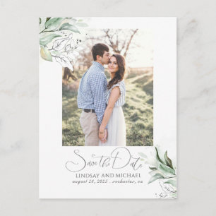Silver Blätter Grünpflanzen Save the Date Foto Ankündigungspostkarte