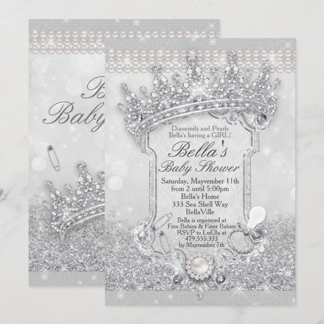 Silver Bling Glitzer Babydusche Einladungen (Vorne/Hinten)