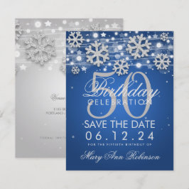 Silver Blue 50. Geburtstag Save the Date Winter Einladung