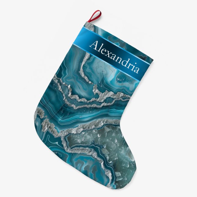 Silver Blue Aqua Glam Glitz Großer Weihnachtsstrumpf (Vorderansicht (hängend))