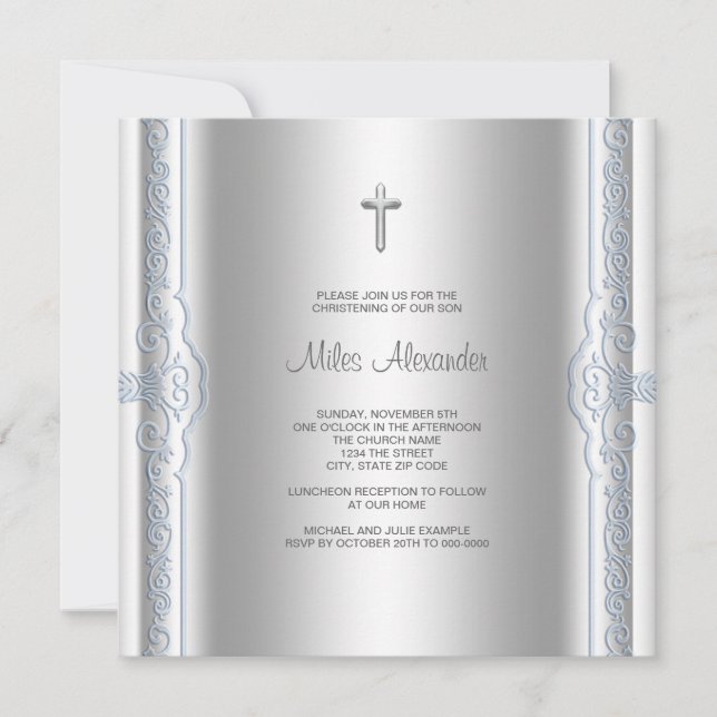 Silver Blue Baby Boy Christening Einladung (Vorderseite)