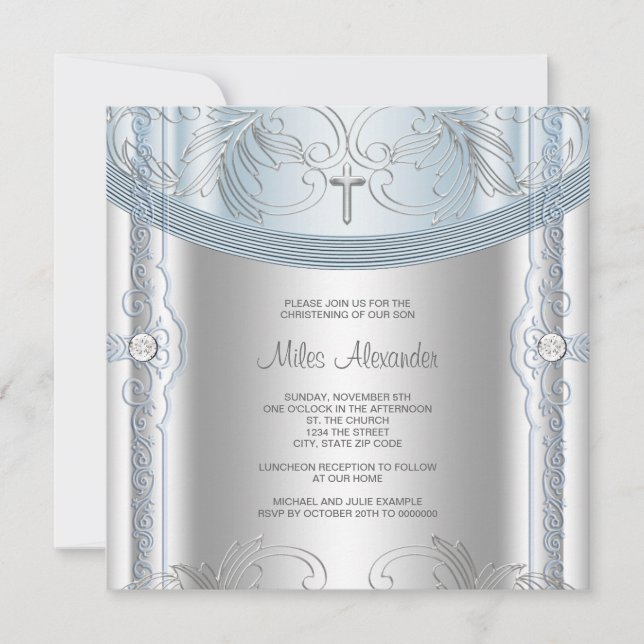 Silver Blue Baby Boy Christening Einladung (Vorderseite)