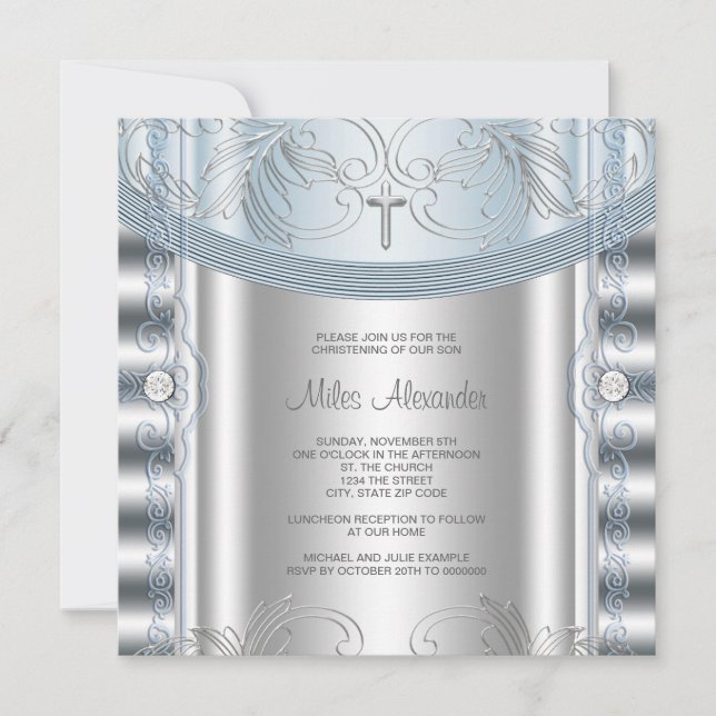 Silver Blue Baby Boy Christening Einladung (Vorderseite)