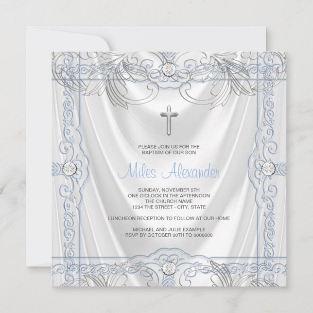 Silver Blue Baby Boy Christening White Satin Einladung (Vorderseite)