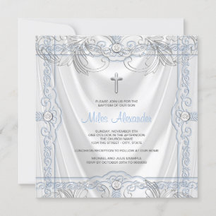 Silver Blue Baby Boy Christening White Satin Einladung