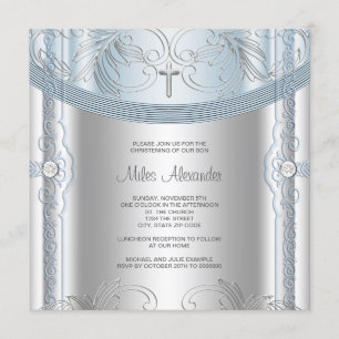 Silver Blue Baby Boys Christening Einladung