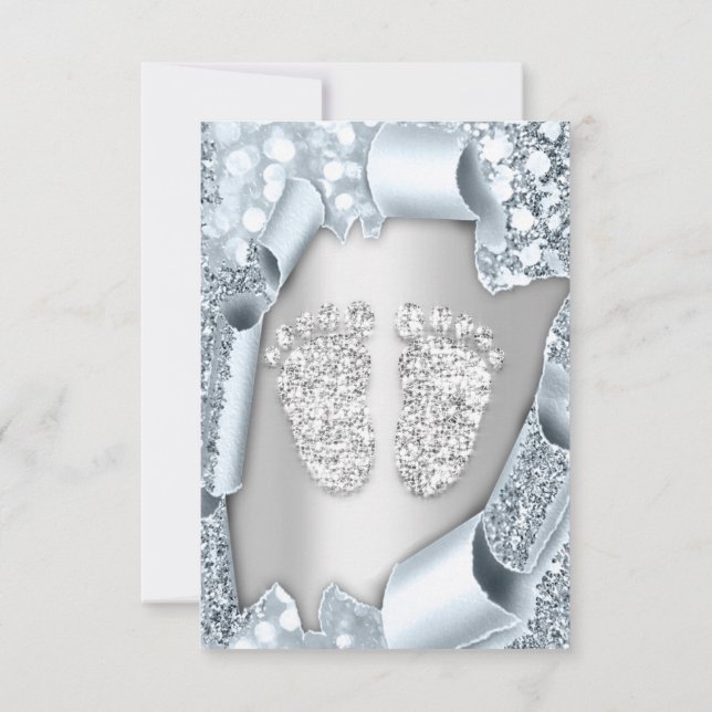 Silver Blue Baby Shower Feet Boy Girl 3d Effekt Einladung (Rückseite)