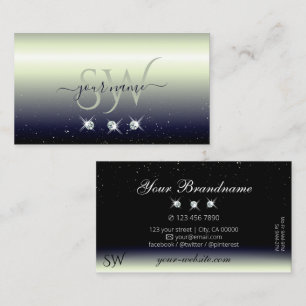Silver Blue Black Gradient Sparkle Jewels Monogram Visitenkarte