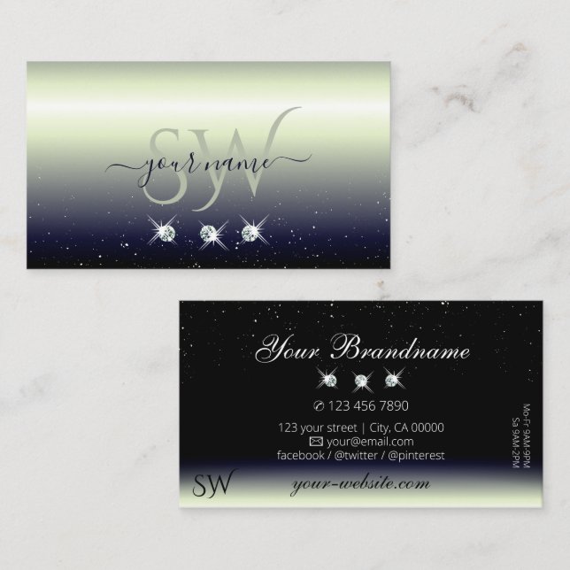 Silver Blue Black Gradient Sparkle Jewels Monogram Visitenkarte (Vorne/Hinten)