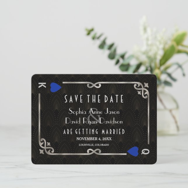 Silver Blue Casino Las Vegas Poker Wedding Save The Date (Stehend Vorderseite)