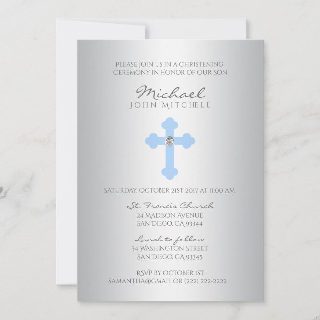 Silver Blue Cross Christening / Taufe Boy FOTO Einladung (Vorderseite)