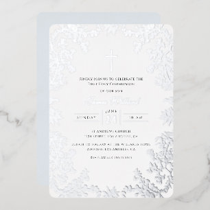 Silver Blue Cross Vintag First Communation Folieneinladung