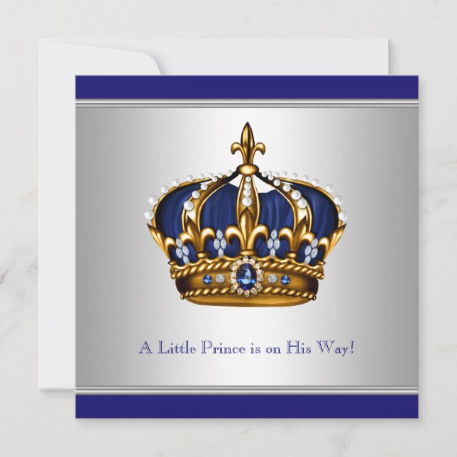 Silver Blue Crown Prince Baby Boy Dusche Einladung (Vorderseite)