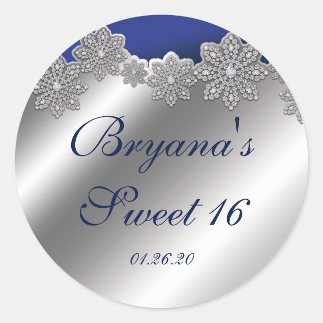 Silver & Blue Crystal Snowflake Winterkleber Runder Aufkleber (Vorderseite)