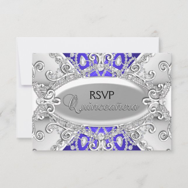 Silver & Blue Diamond Damask Quinceanera UAWG RSVP Karte (Vorderseite)