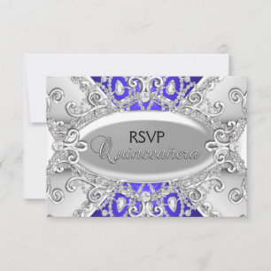 Silver & Blue Diamond Damask Quinceanera UAWG RSVP Karte