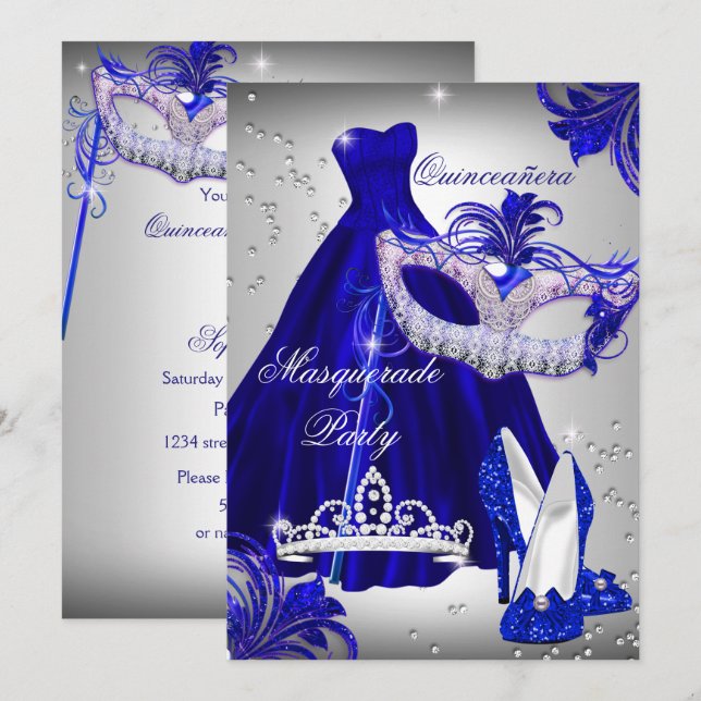 Silver & Blue Dress masquerade Quinceanera laden Einladung (Vorne/Hinten)