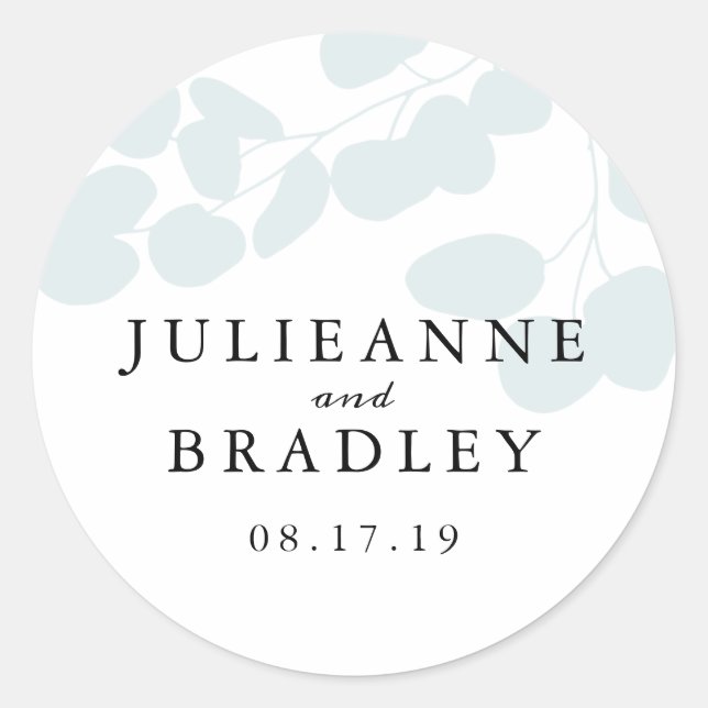 Silver Blue Eucalyptus Branch Moderne Hochzeit Runder Aufkleber (Vorderseite)