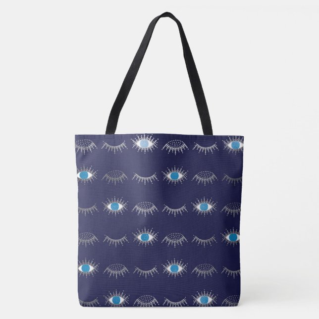 Silver Blue Evil Eye Eyelashes Nazar Mati Muster Tasche (Vorderseite)
