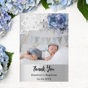 Silver blue floral Baptisse Foto Dankeschön Karte