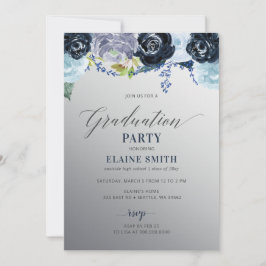 Silver Blue Floral Foto Graduation Party Einladung