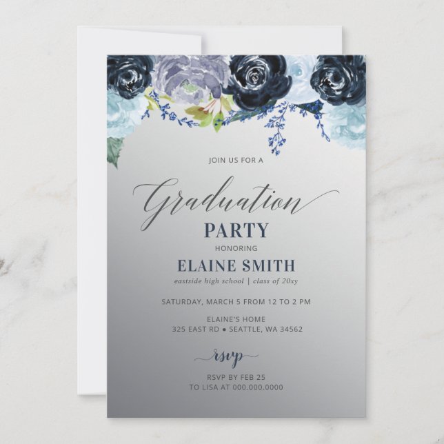 Silver Blue Floral Foto Graduation Party Einladung (Vorderseite)