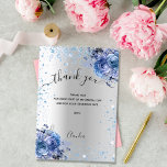 Silver blue floral glitter thank you card dankeskarte<br><div class="desc">Faux silver looking background,  decorated with light blue faux glitter,  sparkles and blue florals. Large hand lettered script with swashes and the text: Thank You.  Personalize and add your thank you note and name.</div>