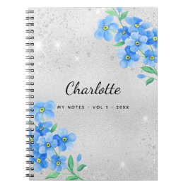 Silver blue floral name script notizblock