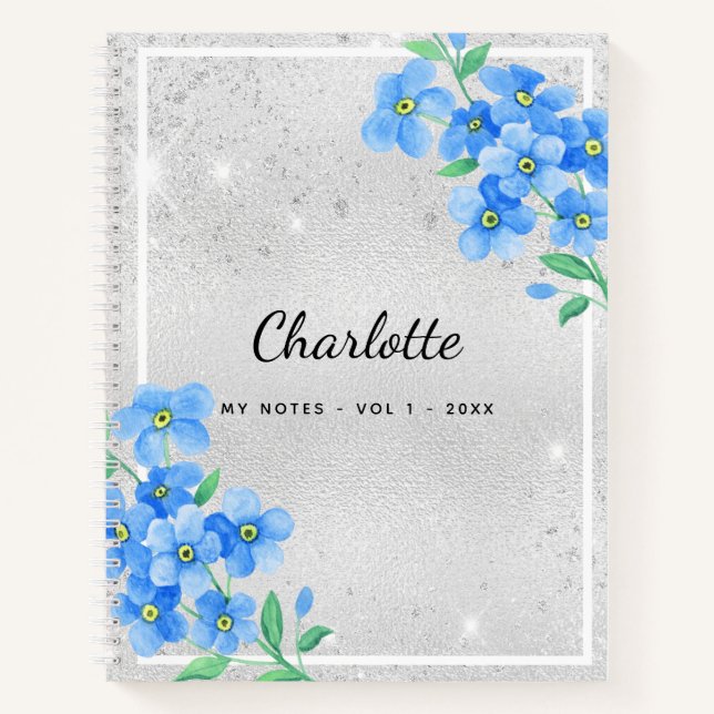 Silver blue floral name script notizbuch (Vorderseite)
