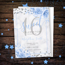 Silver Blue Floral Sweet 16 Marmor Glitzer Einladung