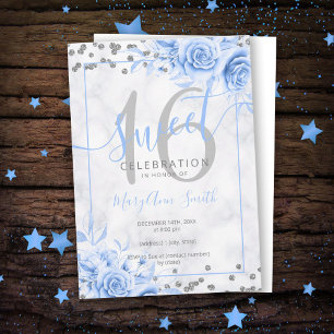 Silver Blue Floral Sweet 16 Marmor Glitzer Einladung