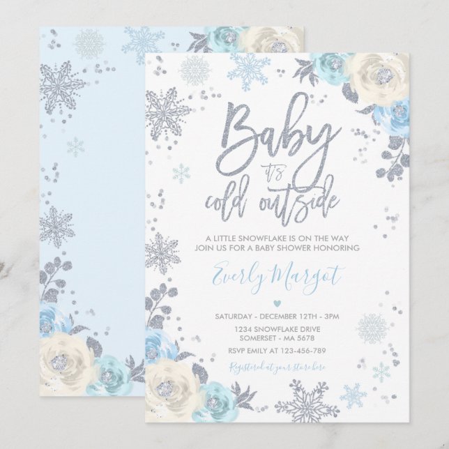 Silver & Blue Floral Winter Baby Showflake Einladung (Vorne/Hinten)