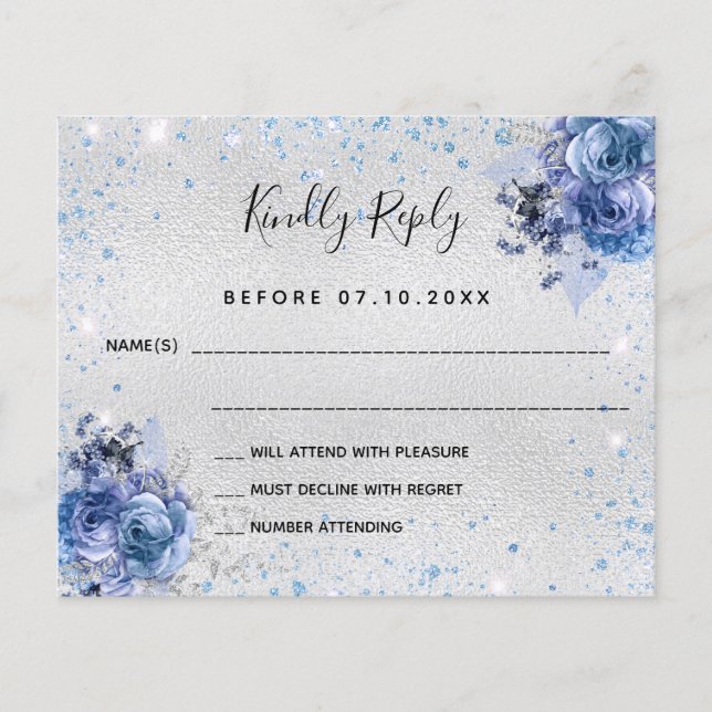 Silver Blue Florals Budget Hochzeit RSVP Flyer (Vorne)